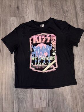 H&M Black Tee with Pink & Blue KISS Graphic